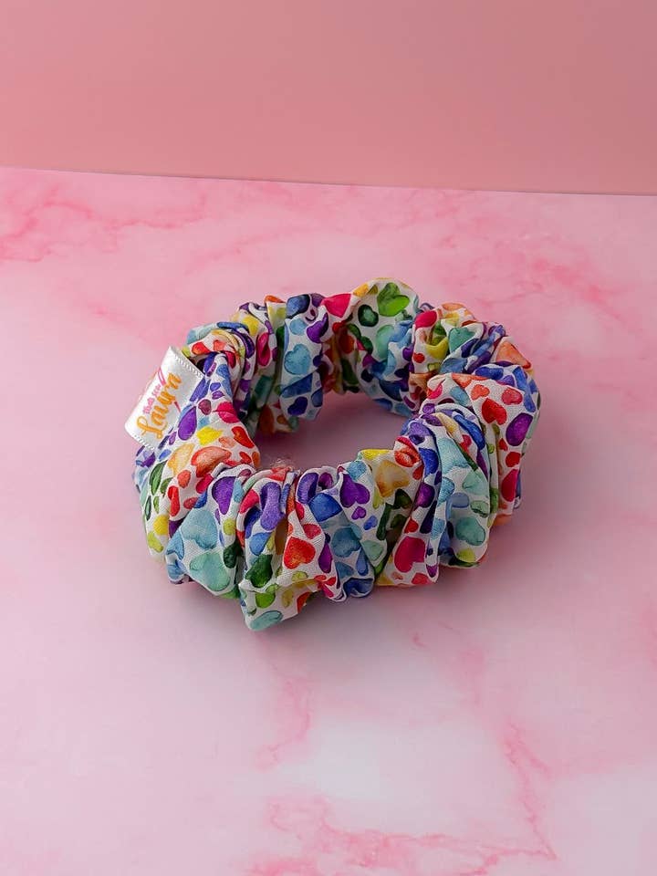 Watercolour Heart Dark - multicolour heart print wide scrunchie for wholesale by ThatsSewLauraUk