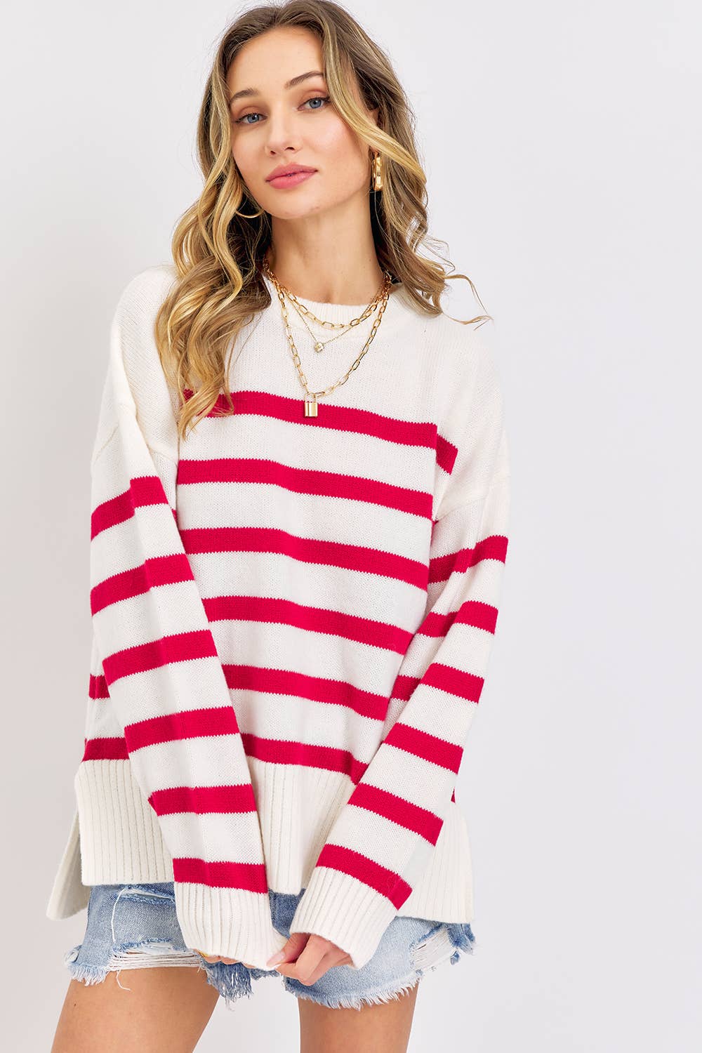 Sweet Lovely by Jen – wholesale Tunic sweater – Women’s – STRIPED PULLOVER OVERSIZE  SWEATER37