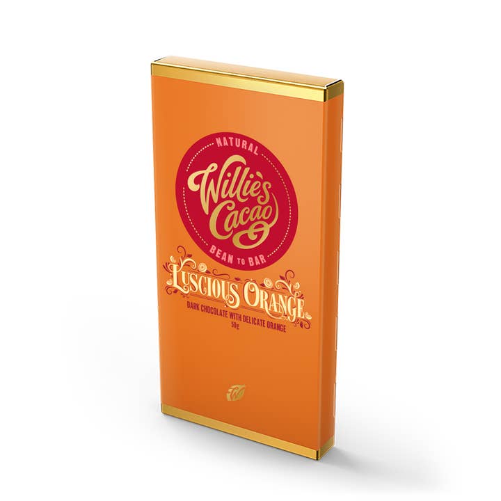 Willie's Cacao – wholesale Chocolate bar – Luscious Orange. Dark chocolate with orange. Vegan. 26g bar