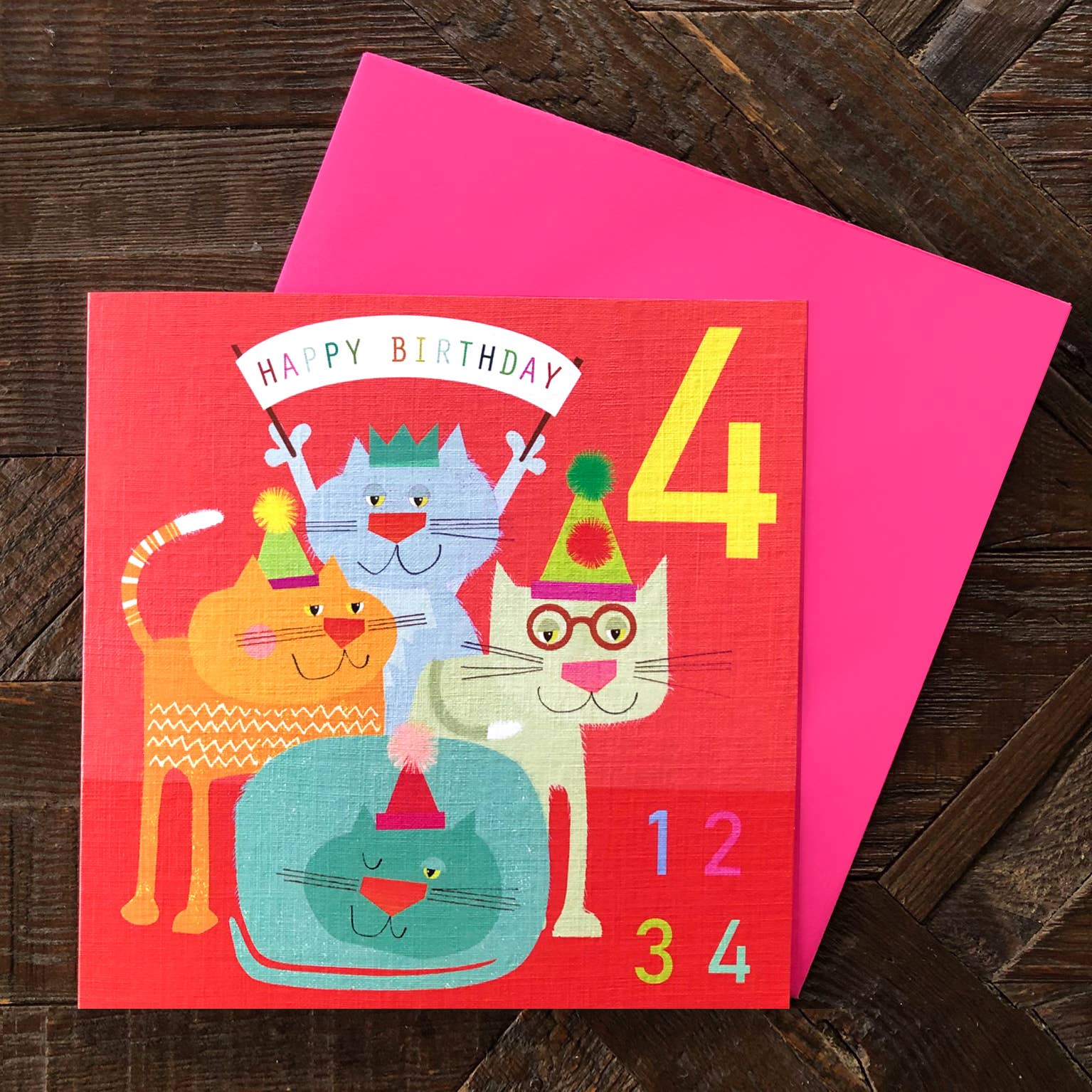 Kali Stileman Publishing – wholesale Birthday card – JA09 Four Cats 4th Birthday Card2