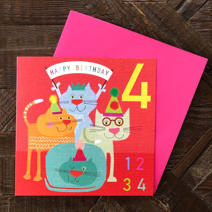 Kali Stileman Publishing – wholesale Birthday card – JA09 Four Cats 4th Birthday Card2