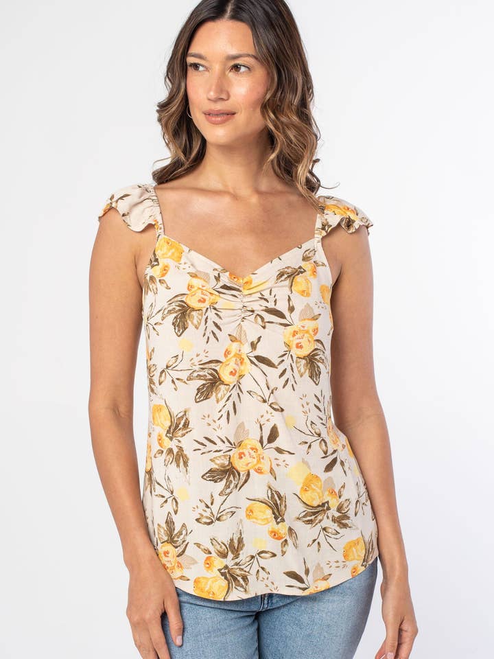 Linen Blend Tie Back Flutter Sleeve Tank Top for wholesale by Lovestitch