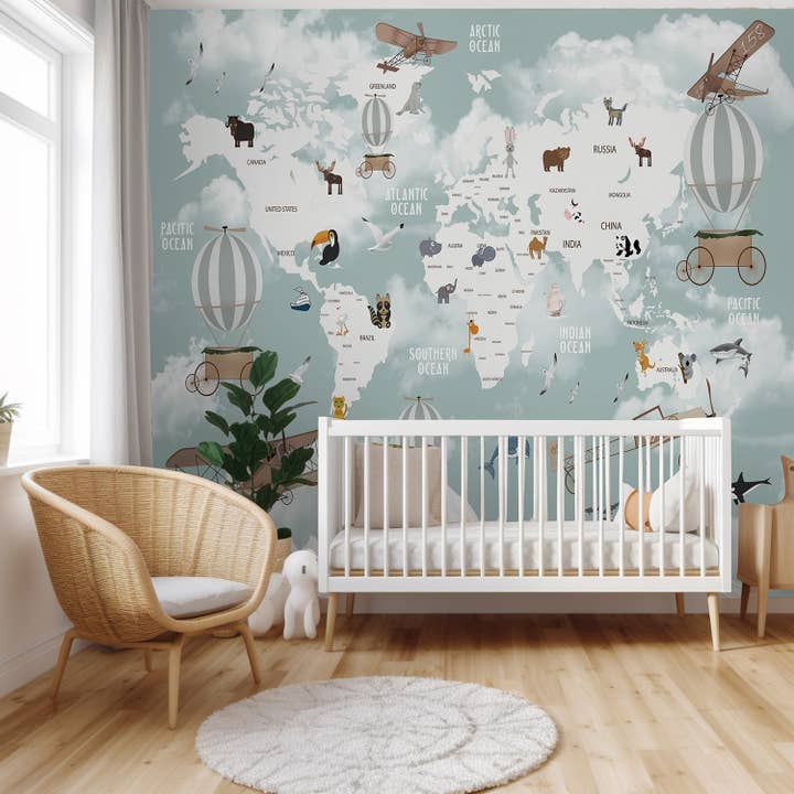Tapet med verdenskort for børn, vægmaleri med dyr til børneværelset for engroshandel hos SimurgWallArts