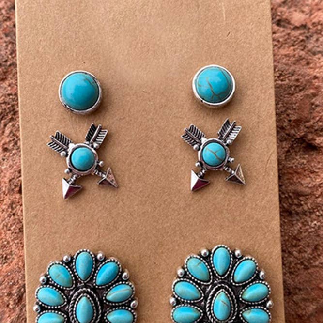 Silver Boho Flower Turquoise Earrings Set MOQ 5PCs SP056 for wholesale on Faire