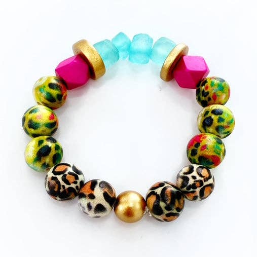 Bracelet extensible empilable Audra Style - Motif léopard turquoise chartreuse rose pour la vente par Audra Style