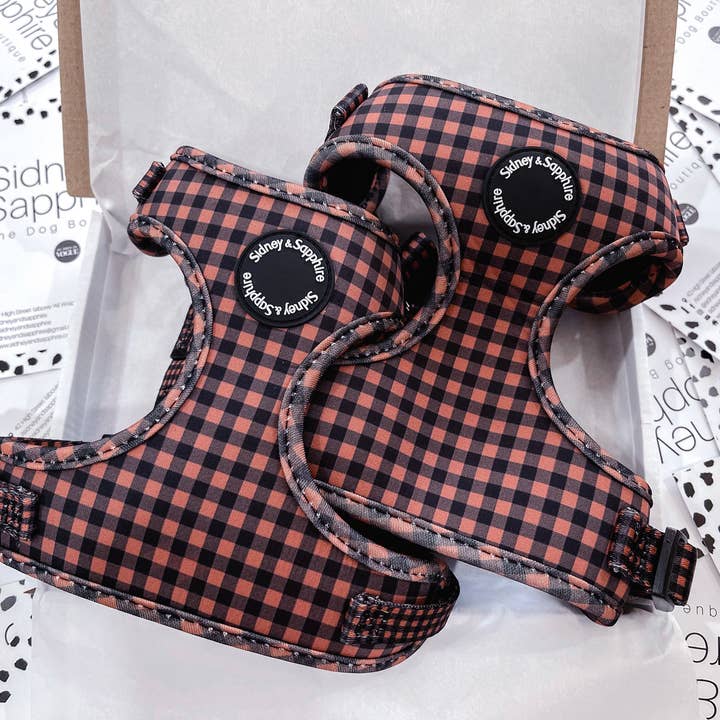 Sidney and Sapphire - Wholesale Pet Harness - Dog - Black and Brown Checkered Plaid Dog Harness