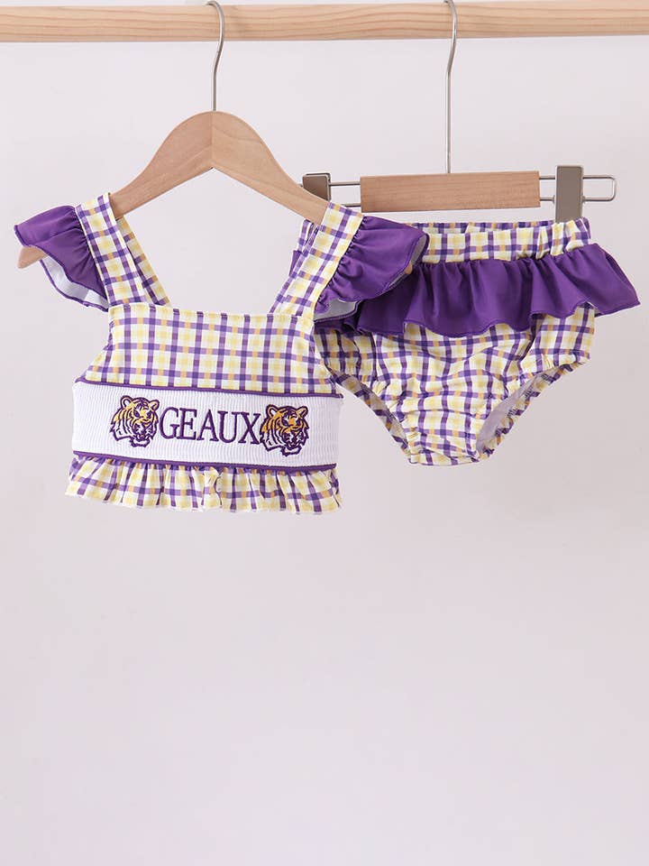 Purple LSU GEAUX smocked 2pc swimsuit for wholesale by Aspen Rain Boutique