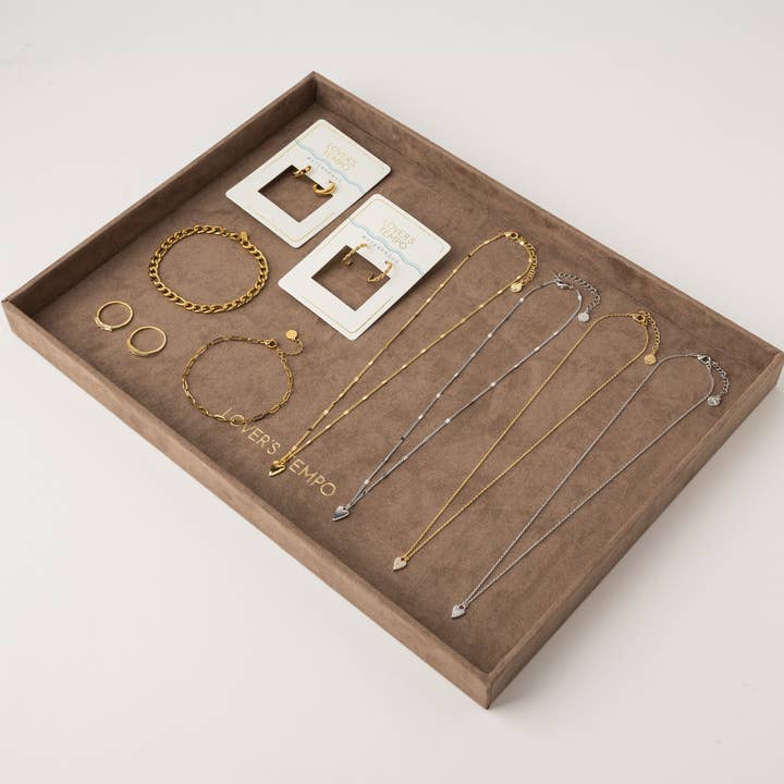 Lover's Tempo Jewelry - Wholesale Jewelry Stand & Display - Lover's Tempo Branded Taupe Velvet Tray Display2