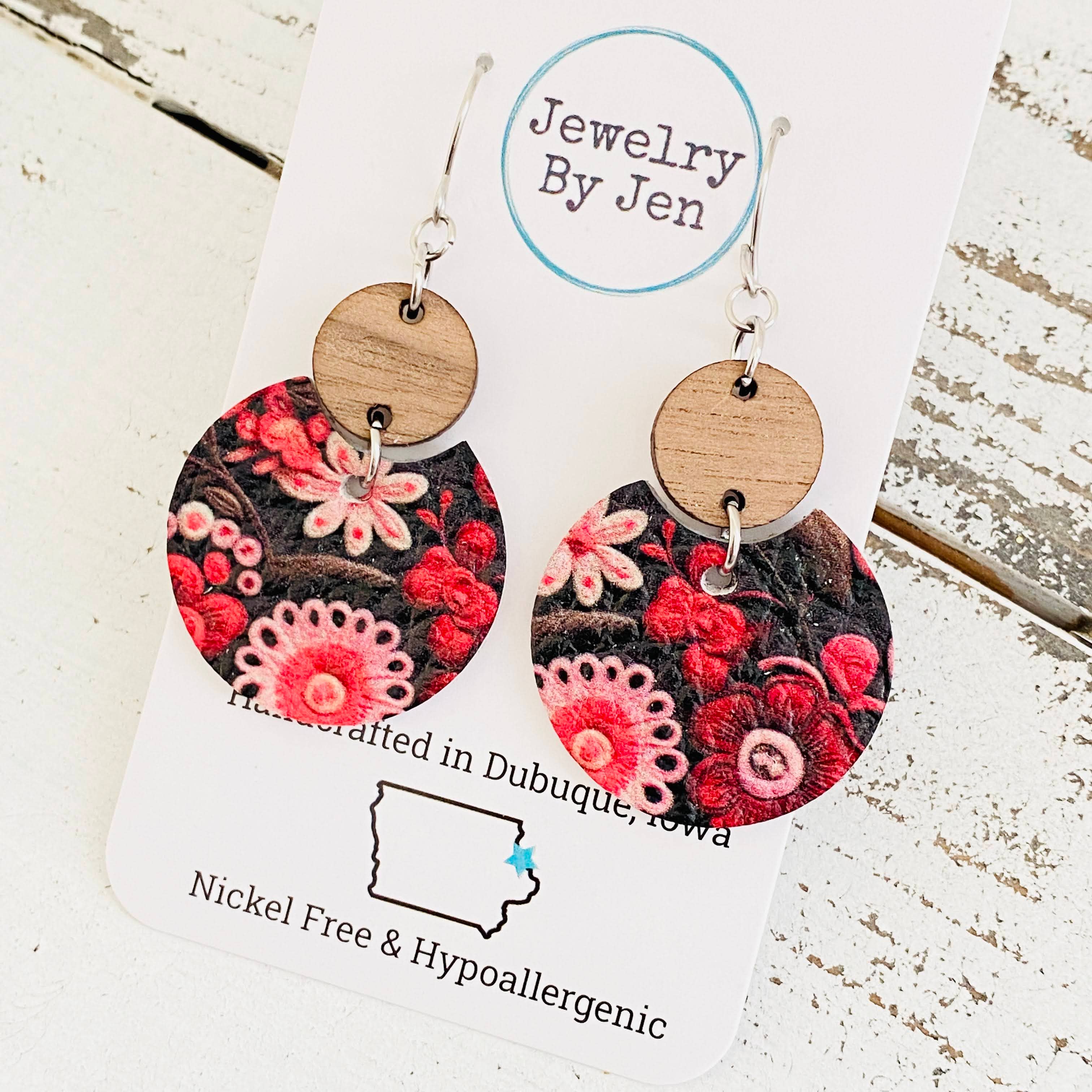 Jewelry By Jen - Wholesale Dangle Earrings - Luna Earrings (Medium): Red Roses & Cream Flowers w/Wood1