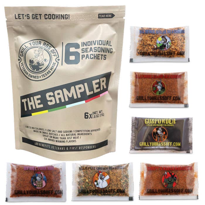 Grill Your Ass Off - Spices, Rubs, Seasonings, Sauces, Jerky – Engroshandel Rub – The Sampler - 6 pakker krydderier og krydderier, gnider, grill, gave2