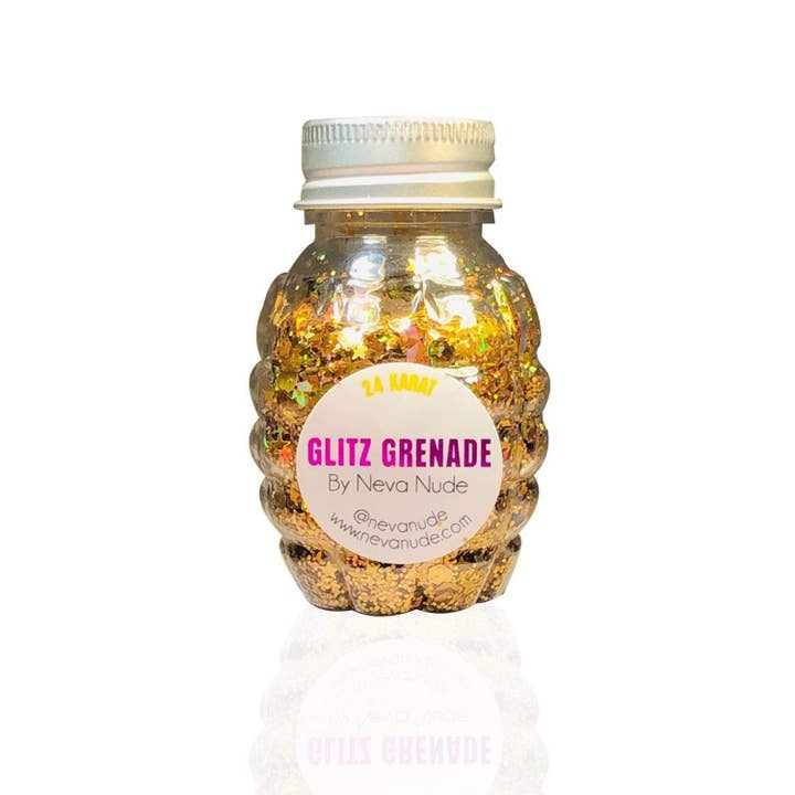 Gold 24 Karat Cosmetic Glitter Glitz Grenade Keychain in Aloe Gel for wholesale on Faire