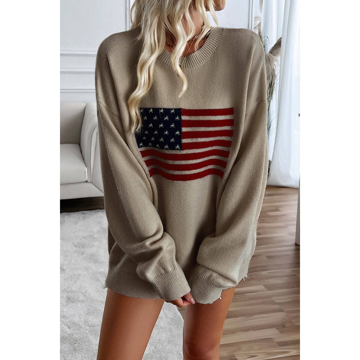 Supreme Fashion – wholesale Knitted jumper – Women′s – Knit Round Neck Flag Print Loose Fit Sweater17