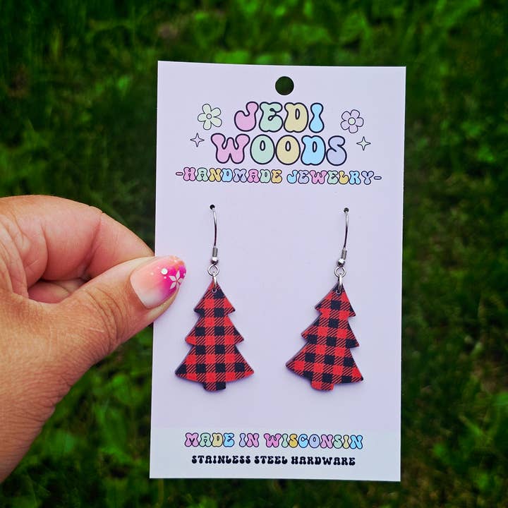Black and Red Buffalo Plaid Christmas Tree Earrings for wholesale by Jedi Woods LLC
