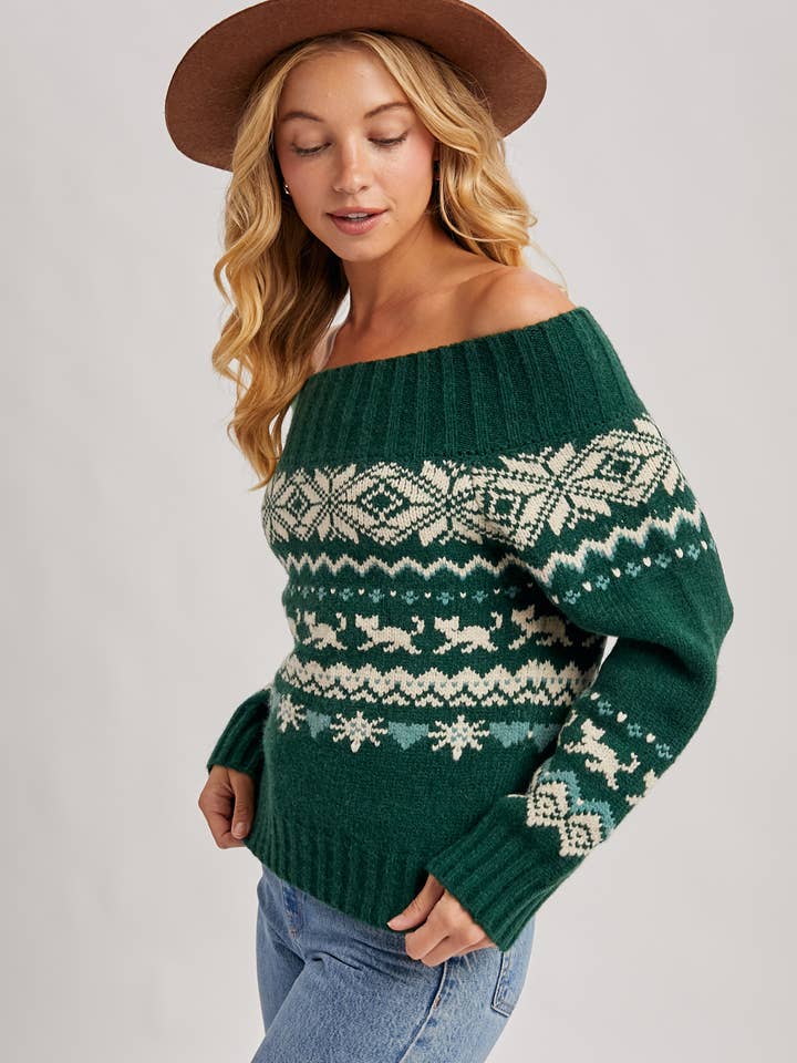 Bluivy - Wholesale Knit Sweater - Women's - FAIR ISLE OFF SHOULDER KNIT SWEATER - HOLIDAY15