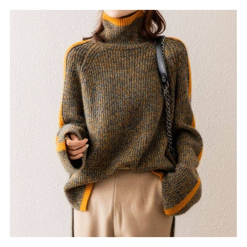 KAFFE Förtjockad turtleneck lös passform Färgblock Vintage stickad tröja för wholesale på Faire0