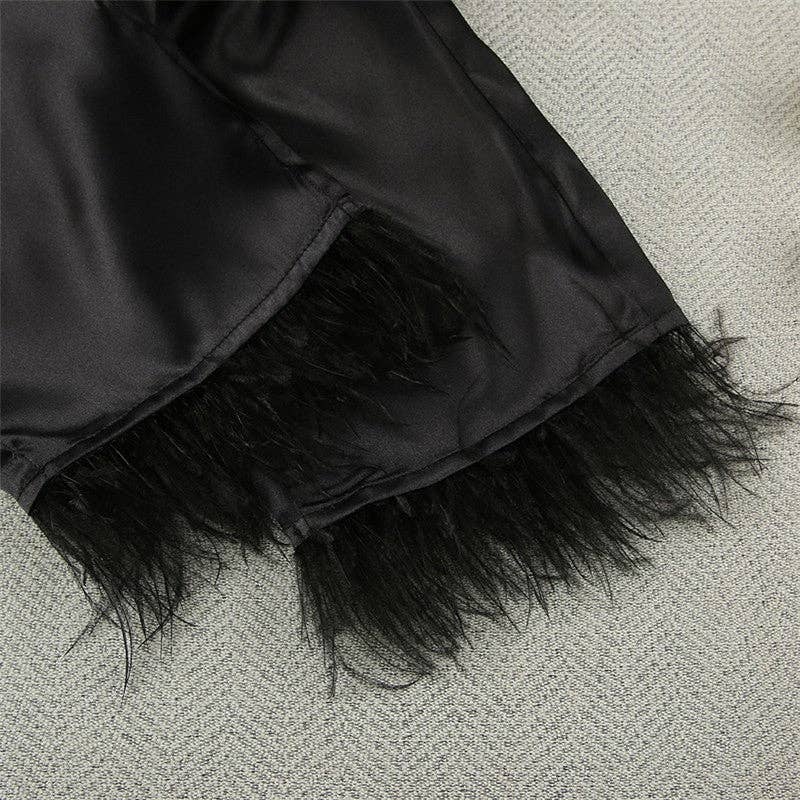 NOIR Ensemble de pyjama deux pièces en patchwork de plumes de couleur unie avec chemisier à manches longues et boutonnage simple en vente sur Faire6