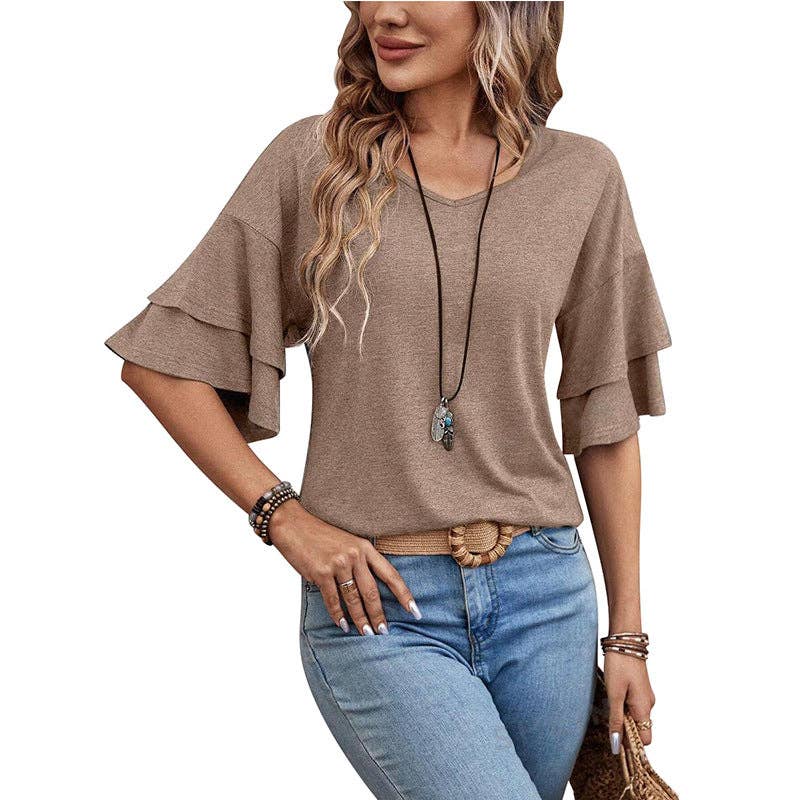 Suhkasana - Wholesale Blouse - Women's - Women's V-Neck Flutter Sleeve Top – Casual Summer T-Shirt3