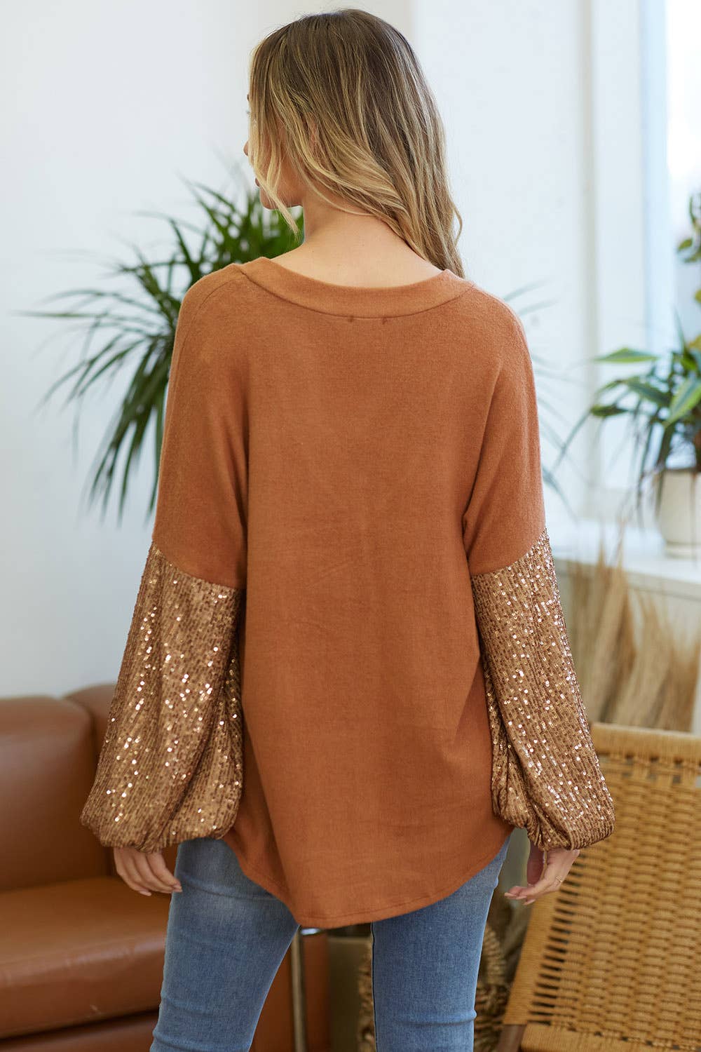 lovely melody – Túnica - Mulher por atacado – TÚNICA DE MANGA BALÃO DE LANTEJOULAS COM DECOTE LMT2869-V7