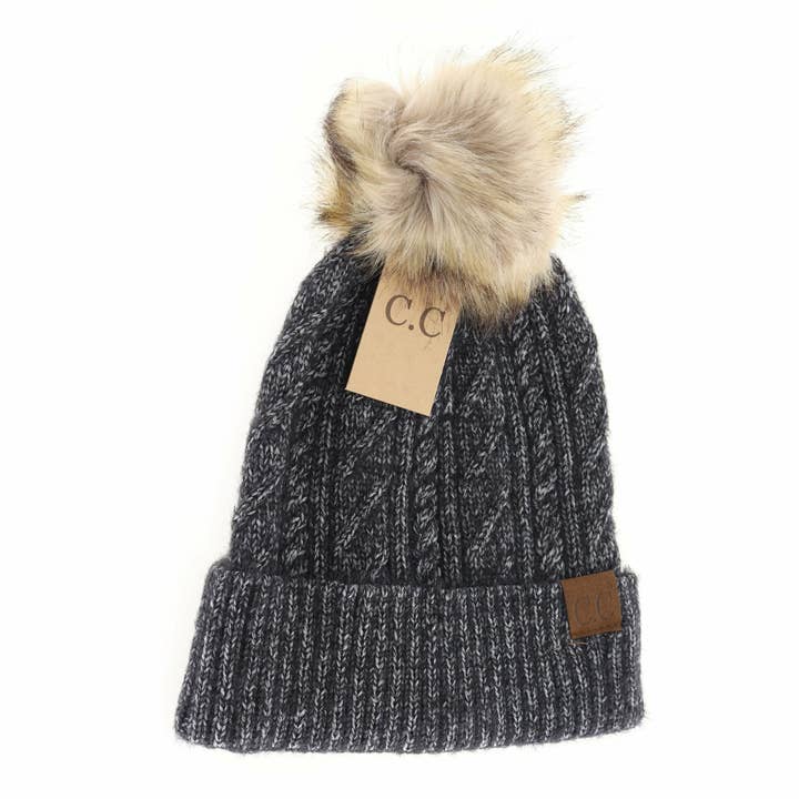 C.C Beanie - Wholesale Beanie - Women's - Soft Cuff Cable Knit Fur Pom C.C Beanie HAT20877