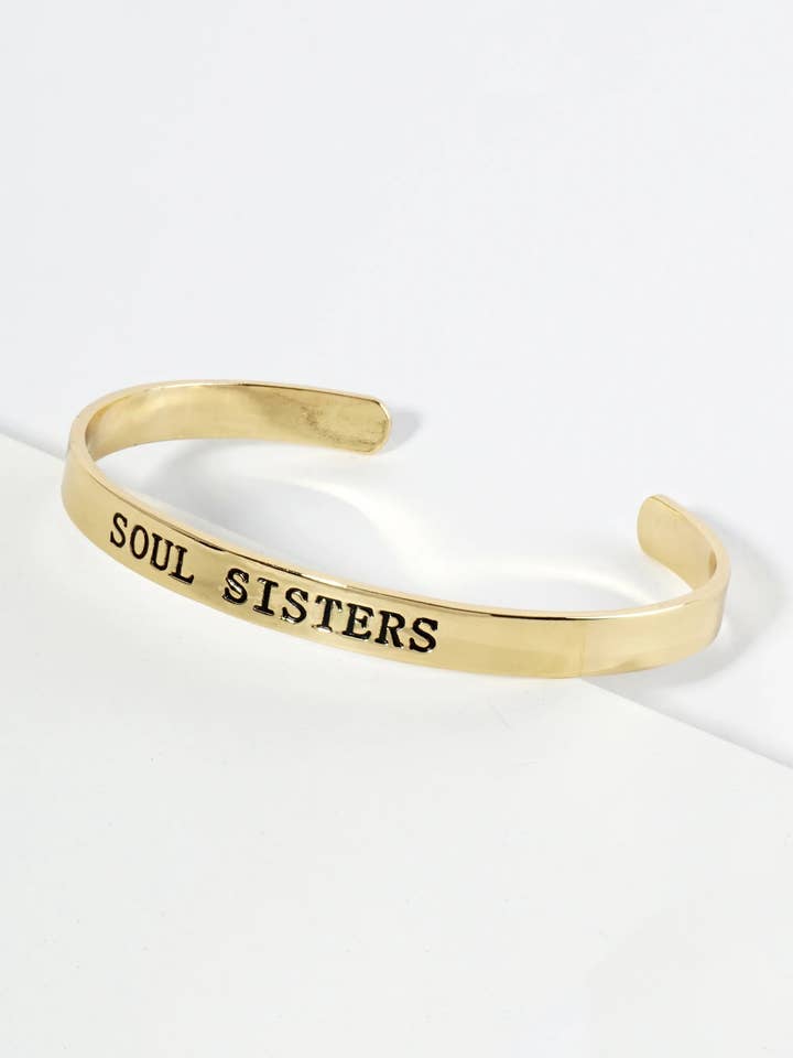 Soul Sisters Engraved 18K Gold Dipped Cuff Bangle for wholesale by Wild Honey