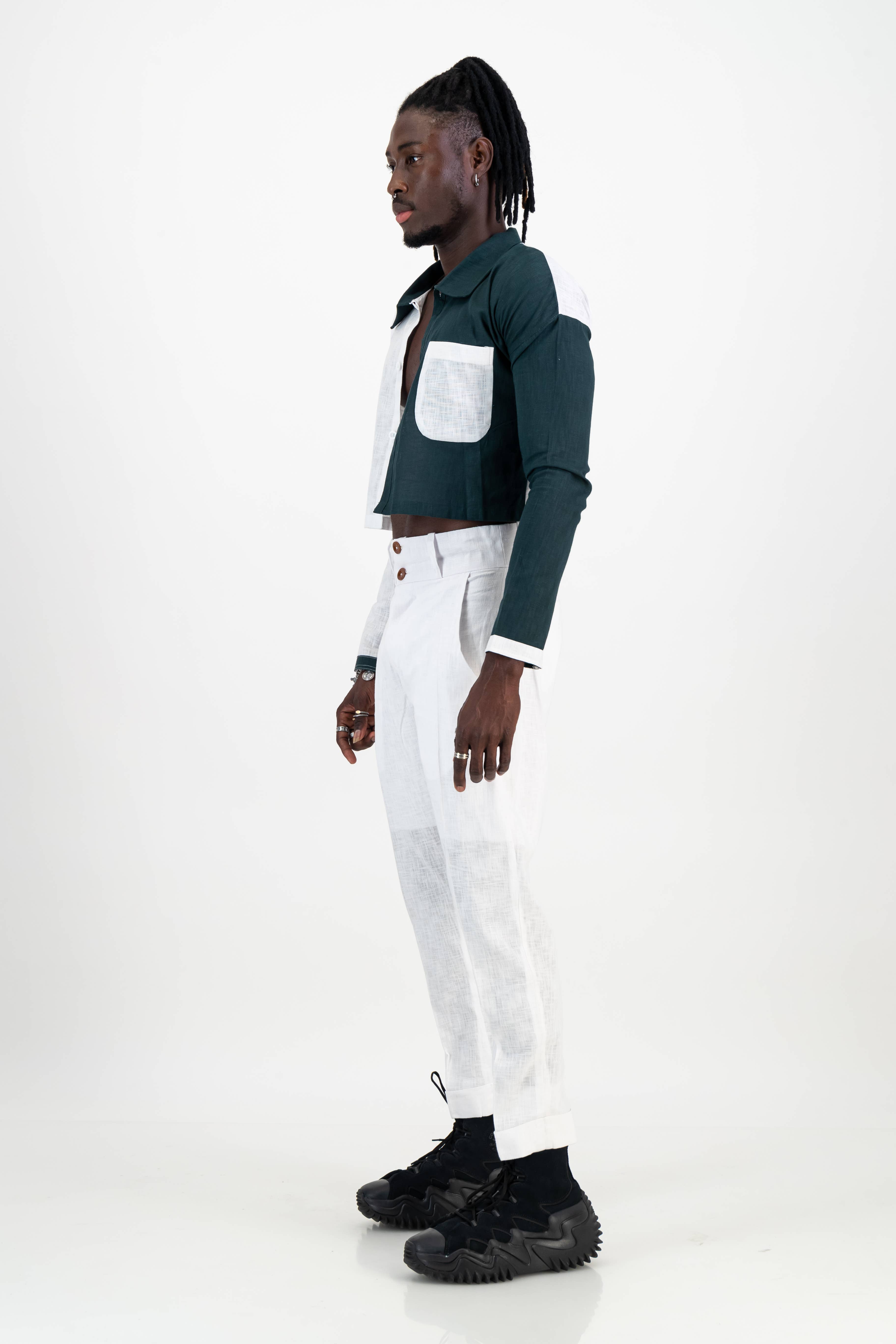 White and Green Unisex Linen Crop Top for wholesale on Faire2