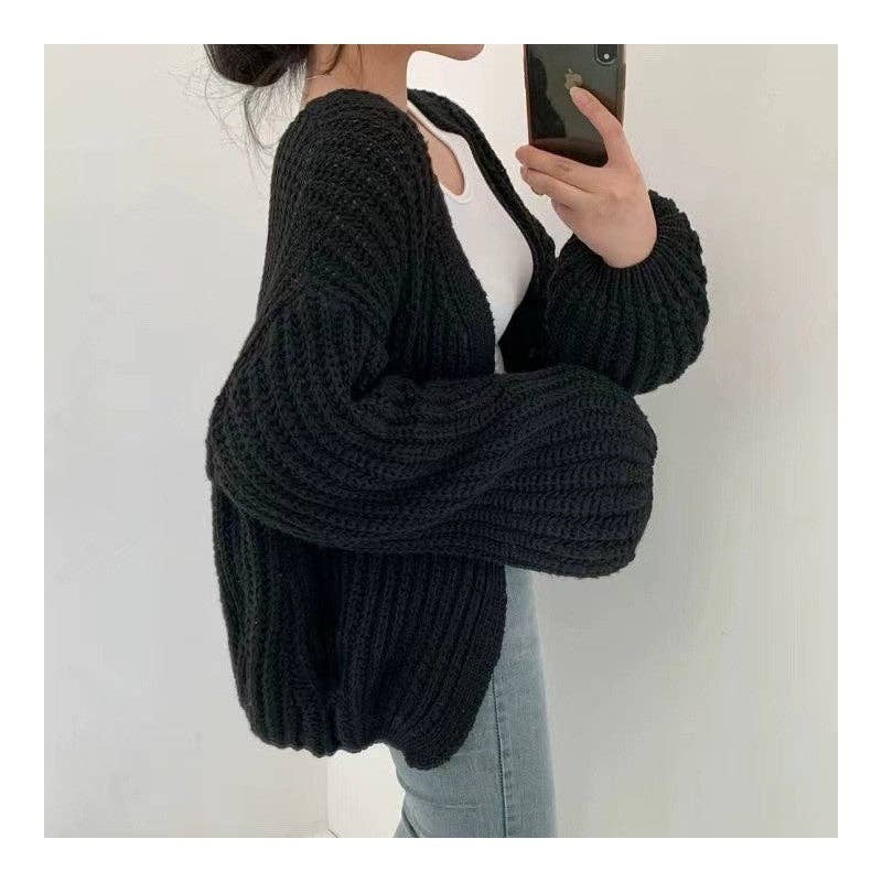 OceanusSwim - Wholesale Cardigan - Women's - V-Neck Loose-Fit Casual Solid Color Lantern Sleeve Knit Cardigan3