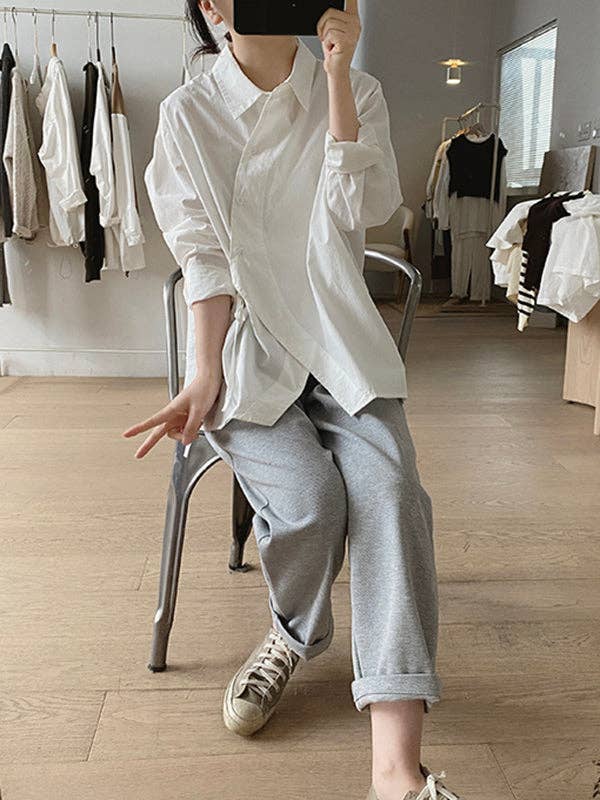 VividLux – Engroshandel Skjorte med buttondown – til kvinder – Uregelmæssig klipning med lange ærmer med snørebånd i ensfarvede reversbluser12