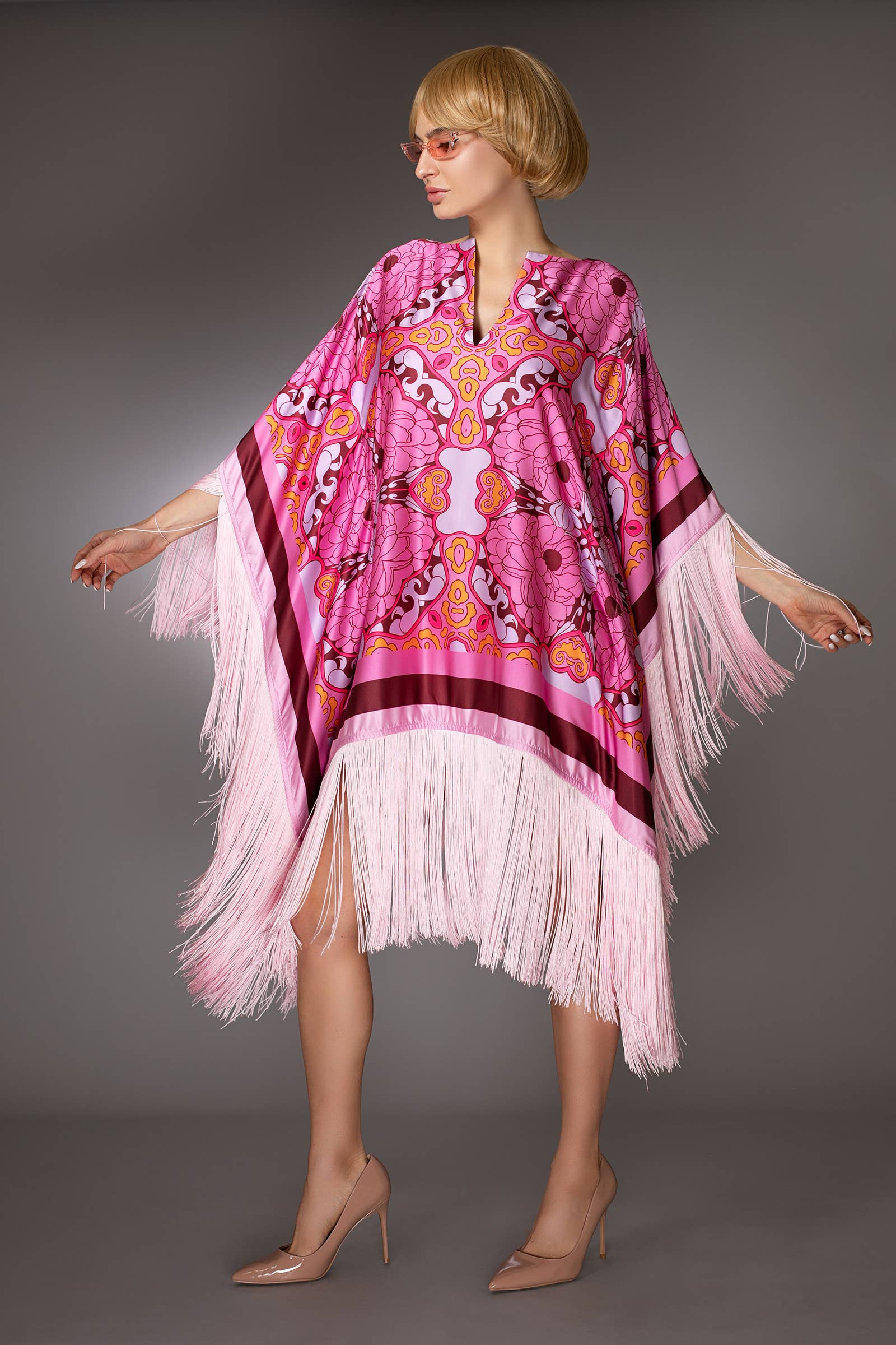 Pink Floral Fringed Satin Short Kaftan Dress for wholesale on Faire