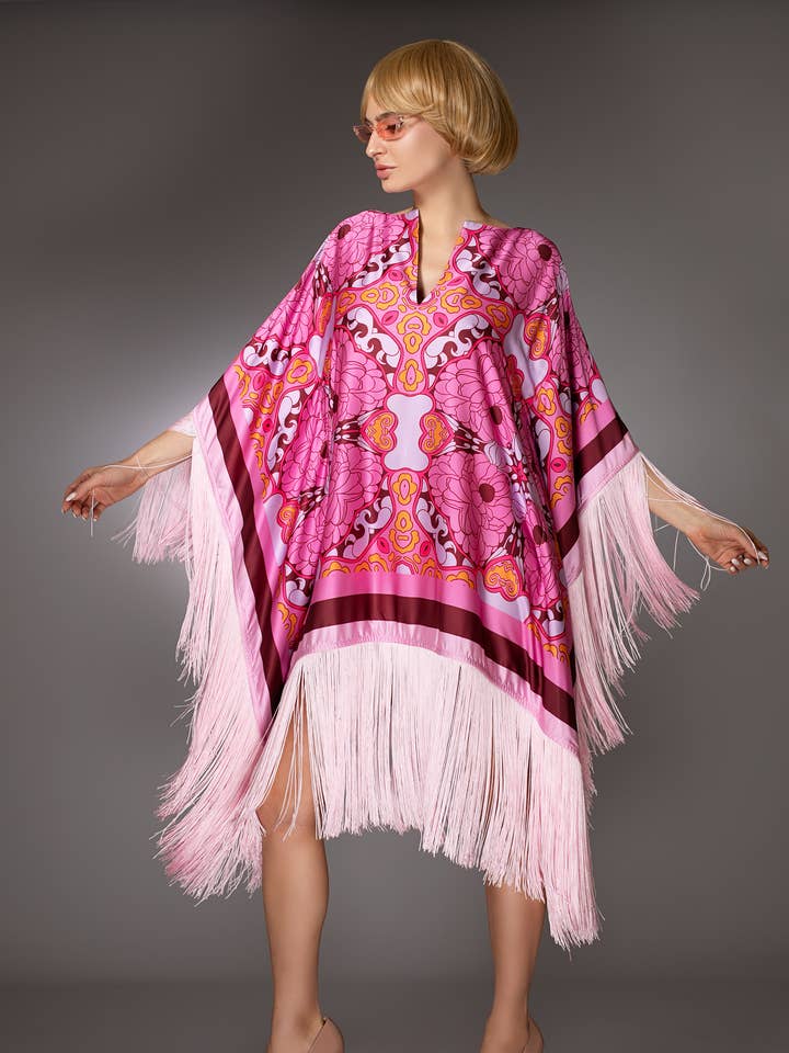 ST- Pink Floral Fringed Satin Short Kaftan Dress for wholesale on Faire