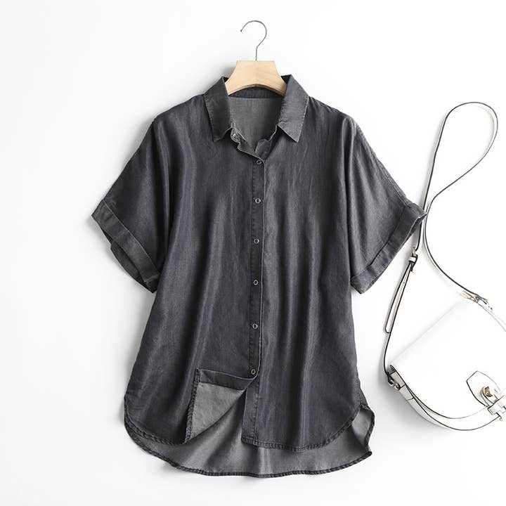 Whisper Mint – wholesale Tröja med knappar – Dam – Vintage Tencel Bomullströjor Kortärmad