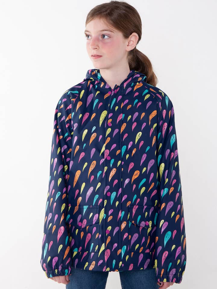 Lined Rain Coat, Colorful Raindrops (runs large) for wholesale by Oaki
