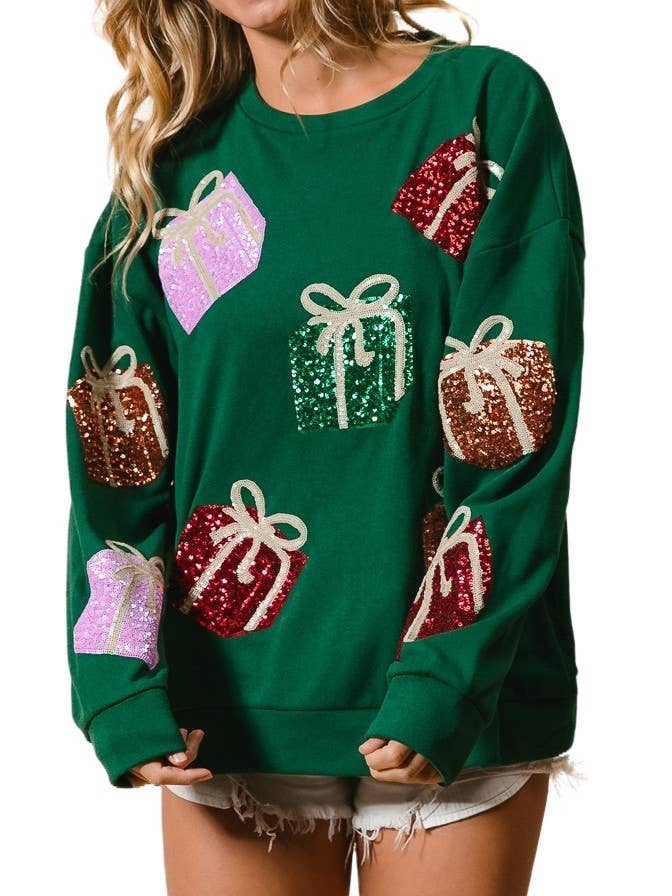 Sequin Christmas Gift Box Embroideries Pullover for wholesale by Vanilla Monkey