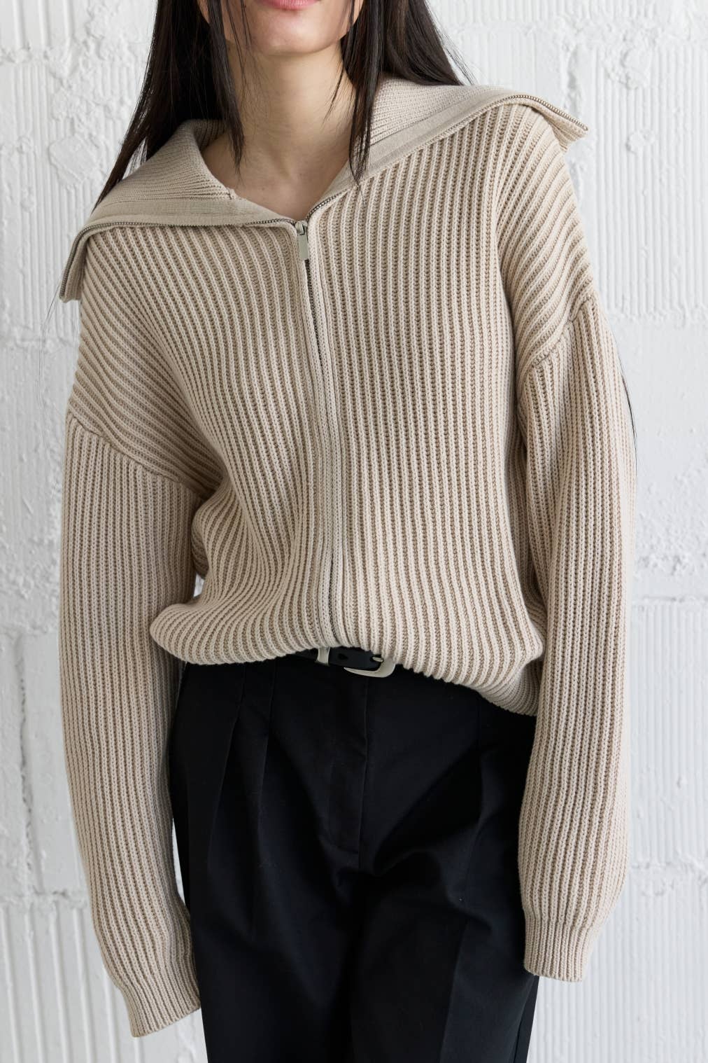 【2plan】Feria Ribbed Diagonal Zipper Knit Half-Zip Ribbed Knit Pullover Sweater