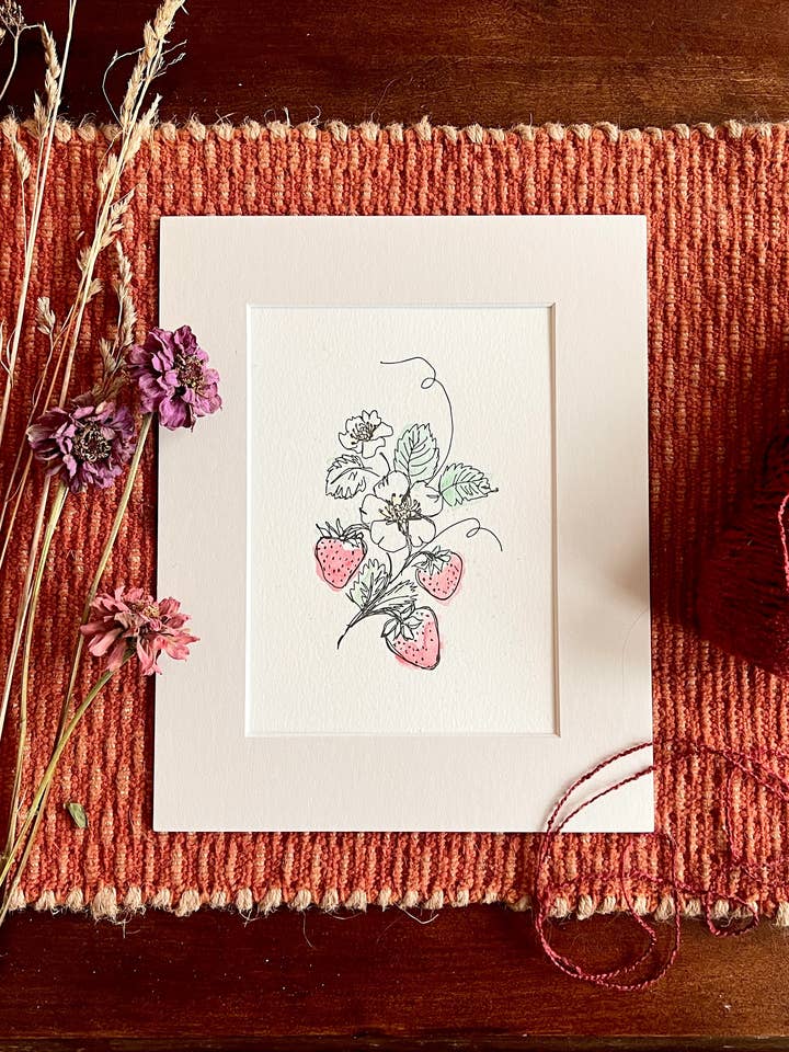 strawberry vine matted letterpress and watercolor print for wholesale by melon r. studio