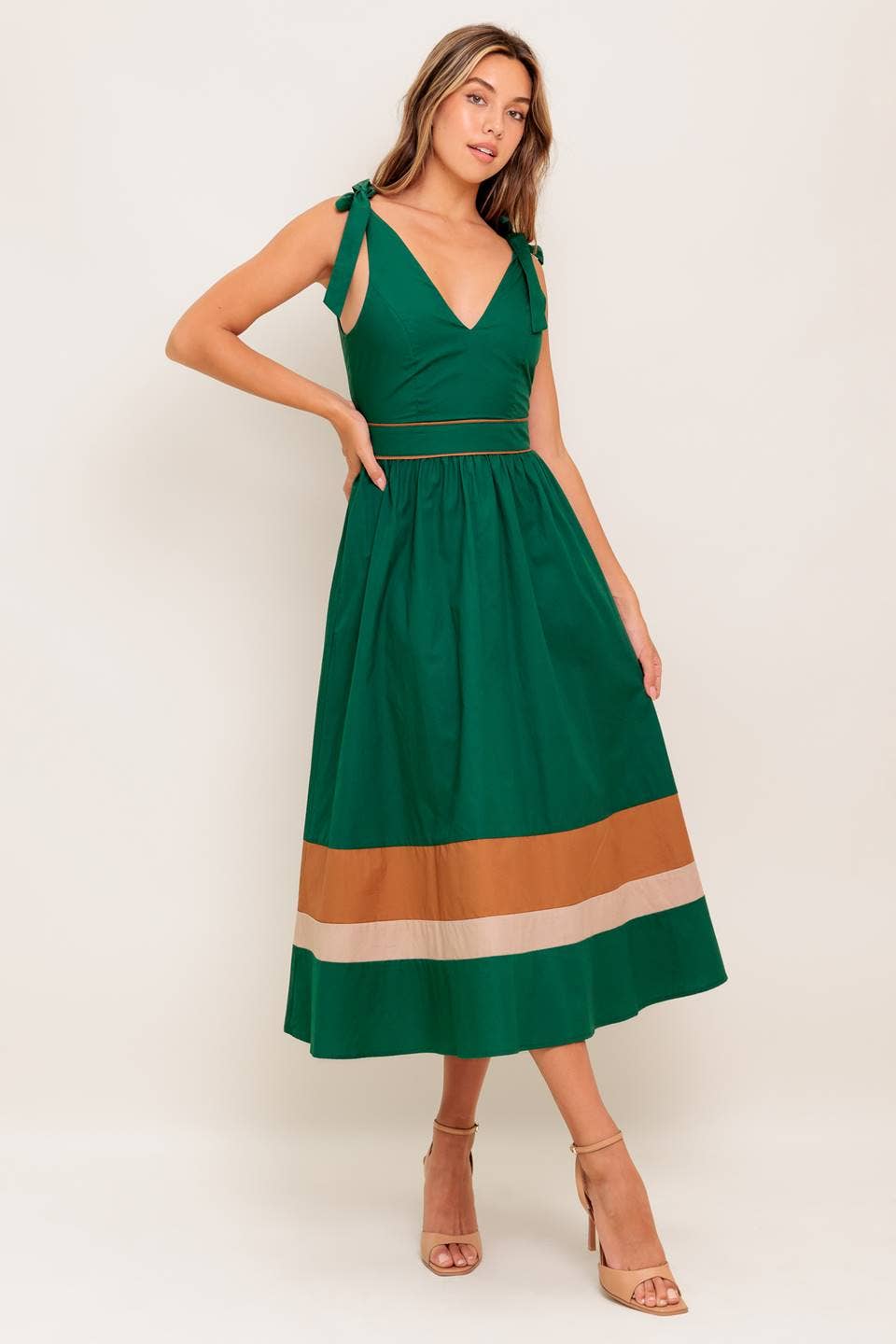 GREEN TAUPE A solid woven color blocked midi dress - ID22698 for wholesale on Faire