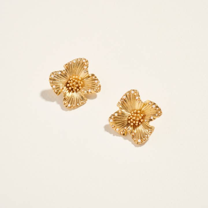 Designature New York - Wholesale Stud/post earrings - 1.25 Inch Flower Pearl Metal Post Earrings Jewelry1