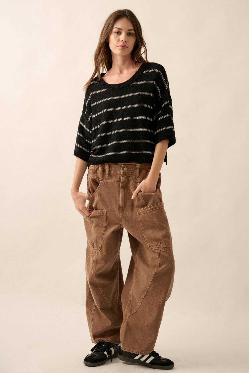 Promesa USA – Pulôver - Mulher por atacado – Suéter solto de malha listrada com decote em barco manga 3/49