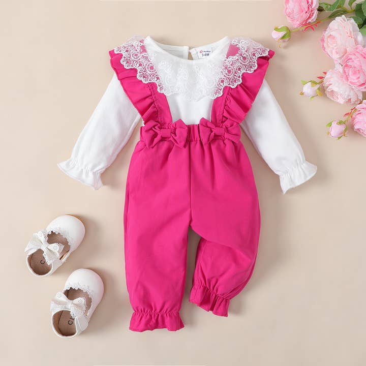 2pcs Baby Girl Lace Ruffle Long-sleeve Top and Bow Decor for wholesale by PatPat