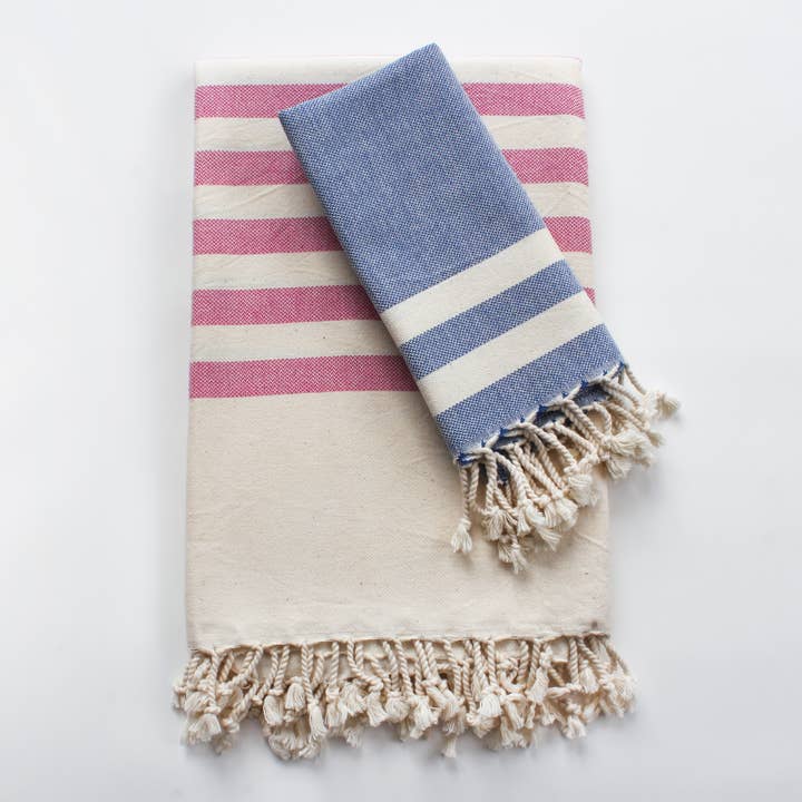 Strandtuch+Handtuch aus 100% Baumwolle. Beige/Blau/Rosa für den Großhandel von Living Roots