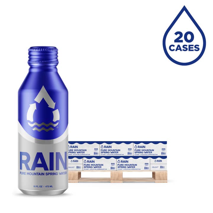 RAIN Pure Mountain Spring Water - Wholesale Sparkling Water - Quarter-pallet (20 cases) RAIN 16oz PlasticFree Spring Water