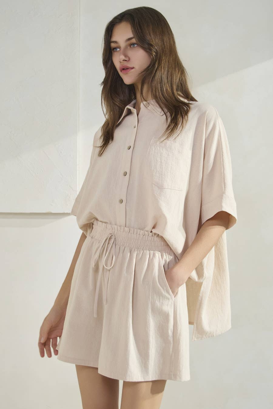 Oddi - Wholesale Lounge Set - Women's - Solid Cotton Oversized Shirt And Shorts Set2