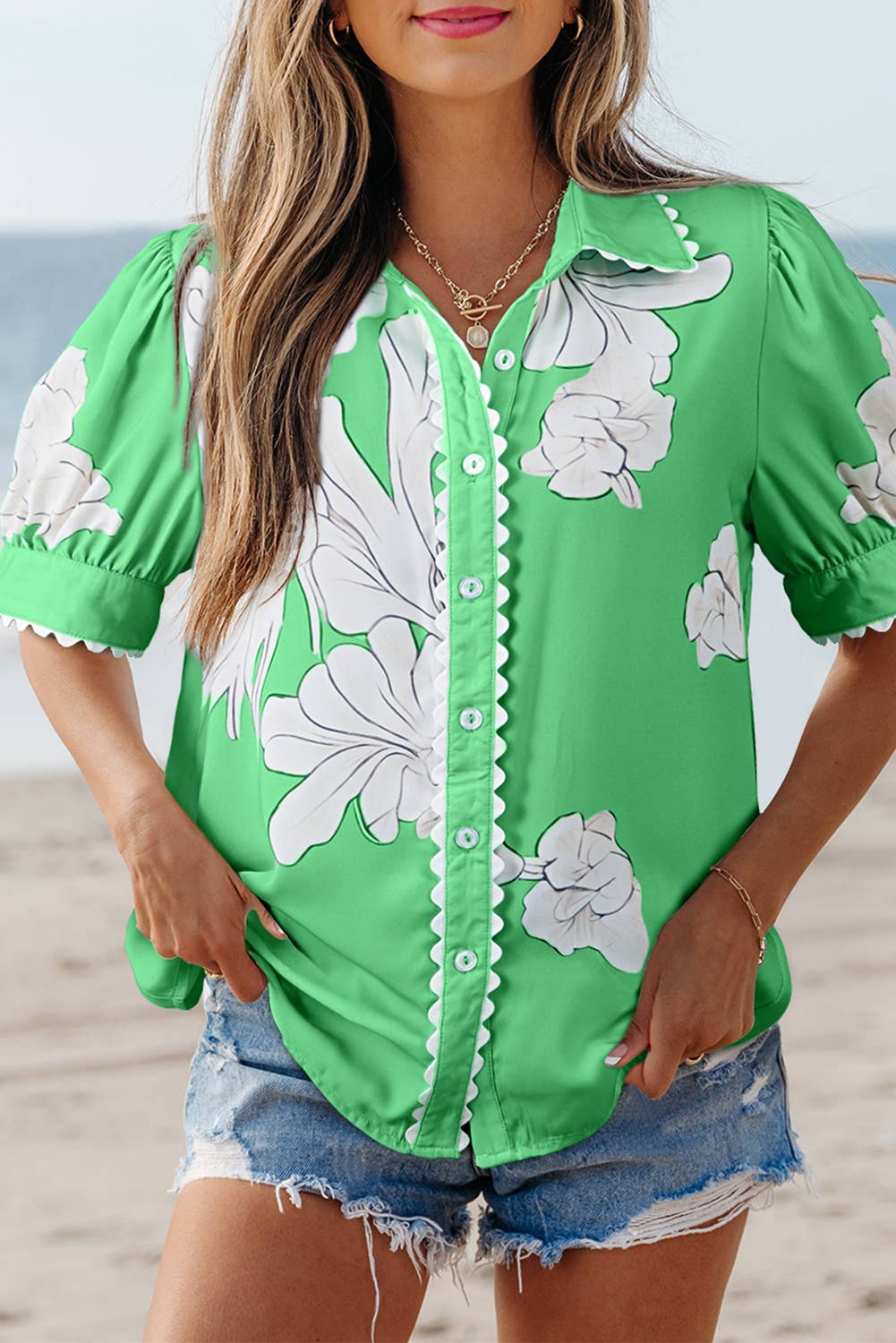 Aapparella - Vente Chemise à col boutonné – femme - Haut à boutons avec manches bouffantes et bordure en croquet floral | S-XL9