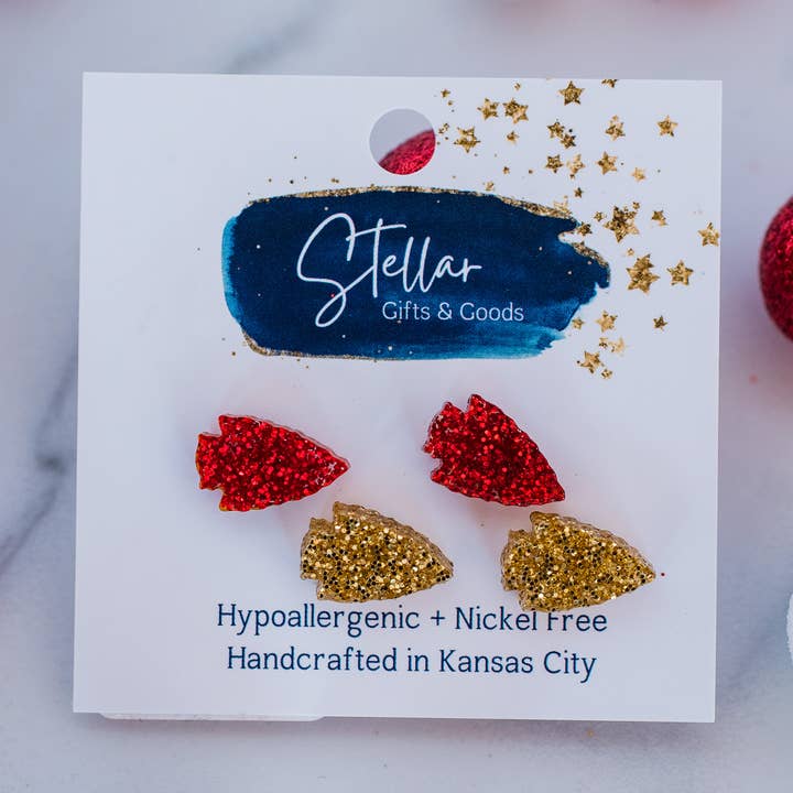 KC Football - Glitter Arrowhead Studs 2 pack Red & Gold for wholesale by Stellar Gifts & Goods Wholesale