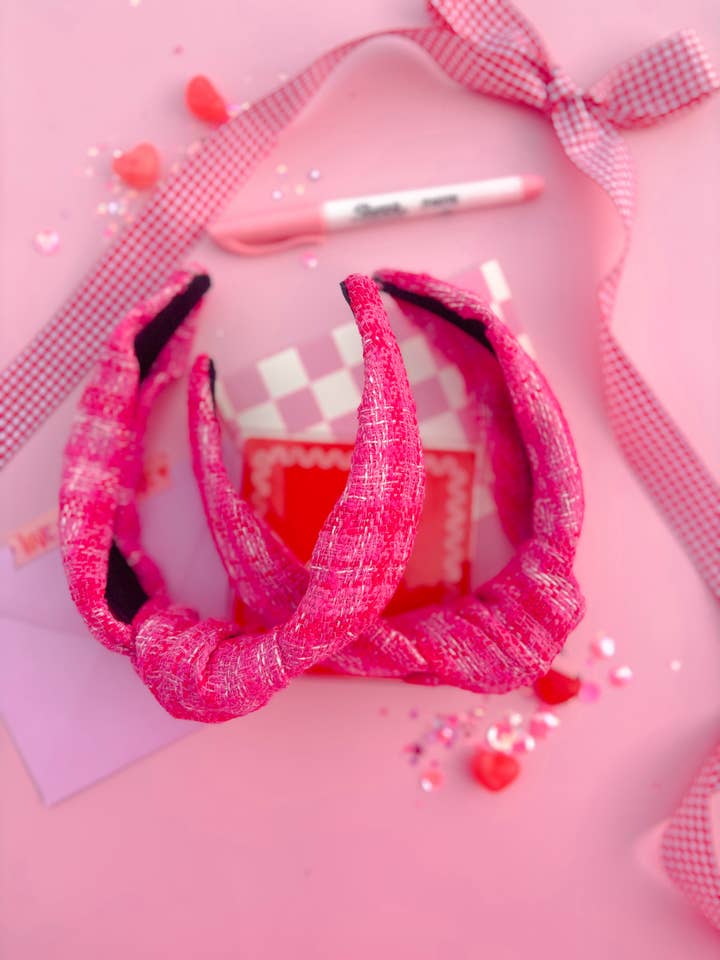 Pink Tweed Knotted Headband for Girls & Women for wholesale by Evie Pearl Handmade LLC