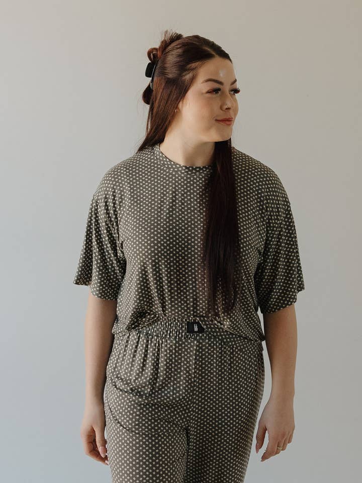 Forever French Baby - Wholesale Lounge Set - Women's - Women's Boxy Tee Lounge Set | Green Flowers2