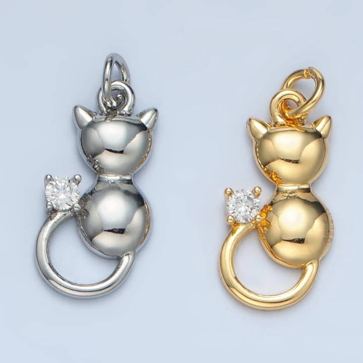 24K Gold Filled Mini CZ Kitten Cat Pet Animal Charm in Gold & Silver | E380 for wholesale by Aim Eternal
