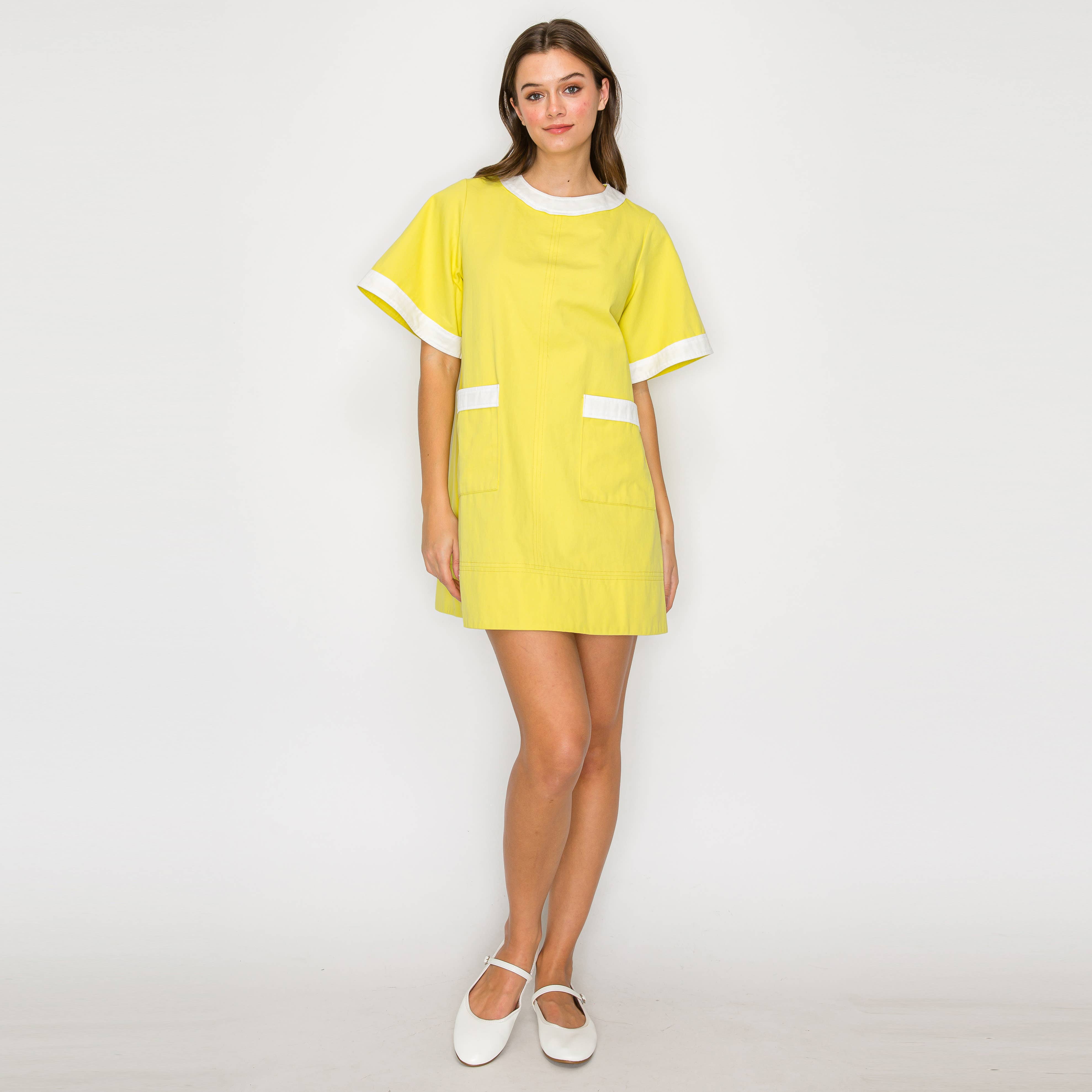 LoveWednesday - Wholesale Dress - Women's - Lemon & White Retro Mod Look Mini dress - LWD29632