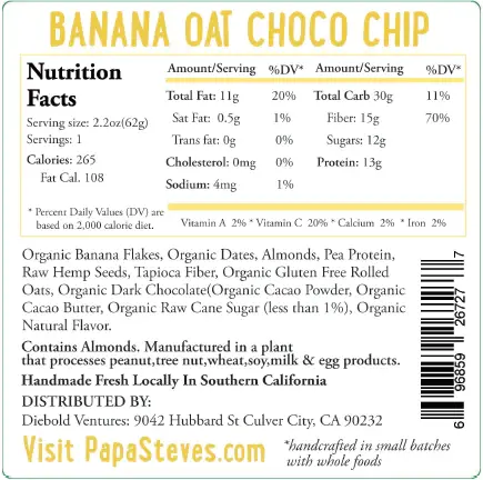 Papa Steve's No Junk Raw Protein Bars - Wholesale Snack Bar - Banana Oat Chocolate Chip1