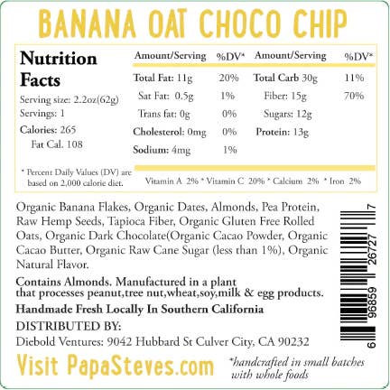 Papa Steve's No Junk Raw Protein Bars - Wholesale Snack Bar - Banana Oat Chocolate Chip1