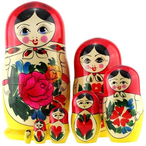 Traditional Russian Nesting Dolls Set, 7 pcs/7" RED YELLOW for wholesale by GSZ corporation DBA Gabriella's Gifts